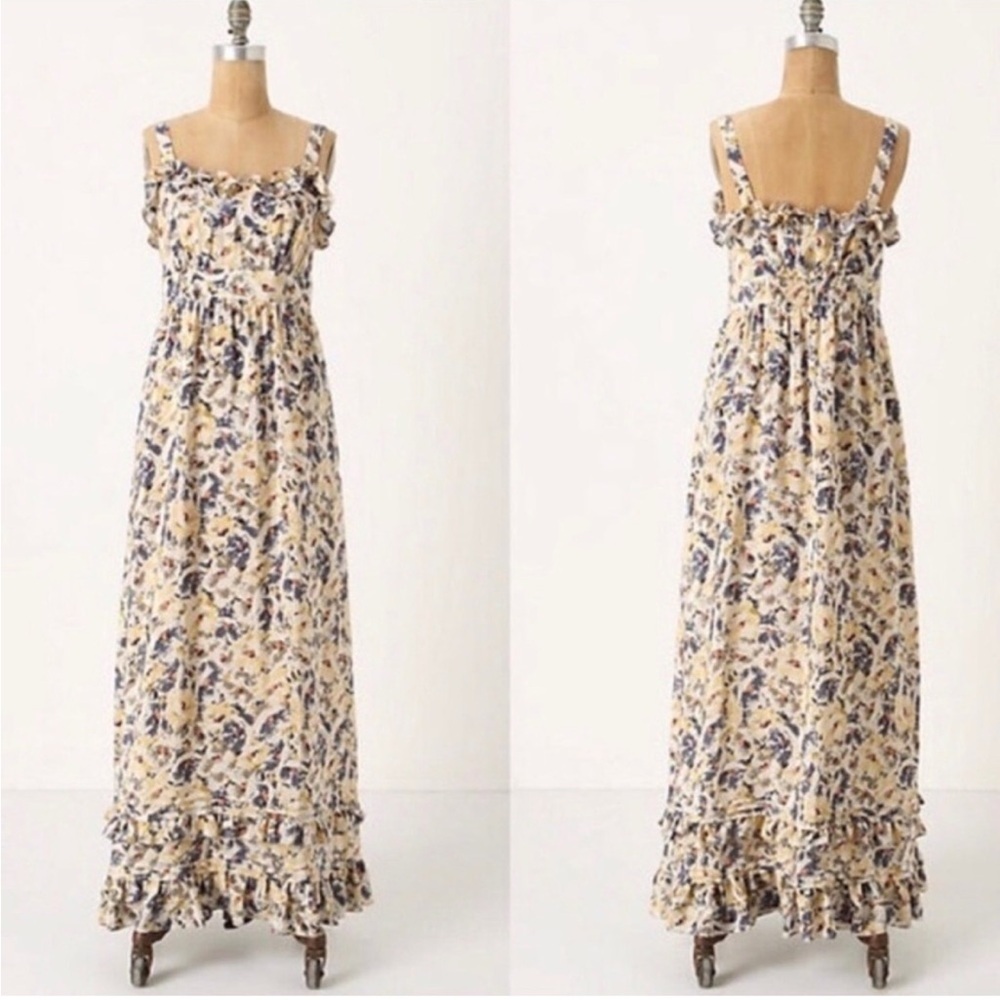 Anthropologie Moulinette Soeurs Floral Maxi Dress Ruffle Hem Cream and Blue